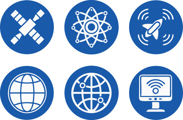 Future technology icons in blue and white with flat design, drone delivery, cybernetics, internet of things, nanotechnology, space exploration, virtual reality, vector graphics, and minimalist style 