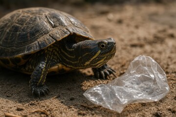 Obraz premium Turtle encounters discarded plastic bag on sandy shore, highlighting the urgent need for environmental care and awareness Generative AI