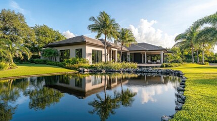 Obraz premium Luxury Waterfront Home with Reflection in Pond, Tropical Landscape