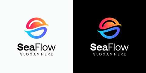 Water flow and sun shape vector logo design with modern, simple, clean and abstract style. Icon for business, vacation and personal branding.