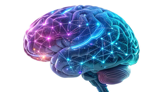 A cybernetic brain with glowing neon circuitry, fusing organic intelligence with digital networks, symbolizing artificial intelligence, neural connectivity, isolated on a transparent background 