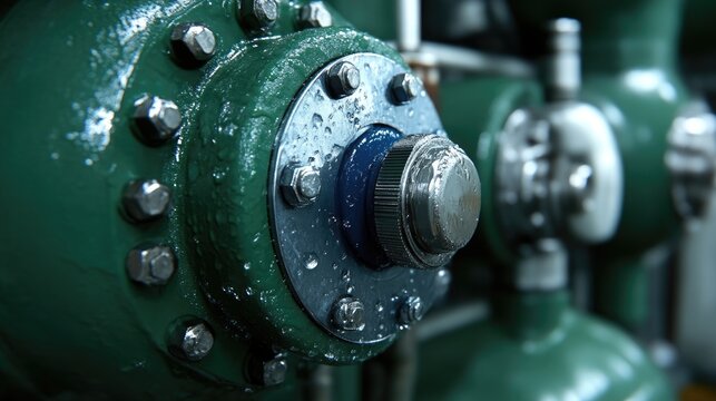 Close-up of industrial machinery components, wet and detailed