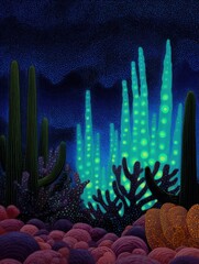 Underwater scene with a dark blue background. in the center of the image, there are several tall, spiky cacti and other sea plants.