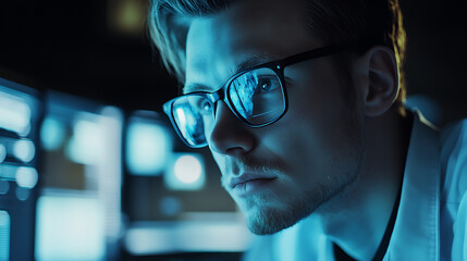 Man in Glasses Focused on Computer Screens