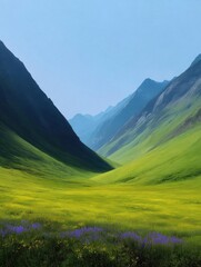 Fototapeta premium Landscape photograph of a beautiful mountain range. the mountains are covered in lush green grass and wildflowers, with a bright blue sky in the background.