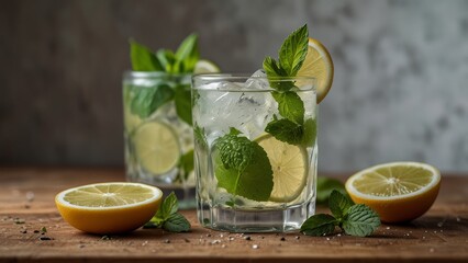 Lemon Mint Drink with Ice Cubes on Rustic Wooden Surface