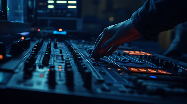 Hand Adjusting Controls on Audio Mixing Board