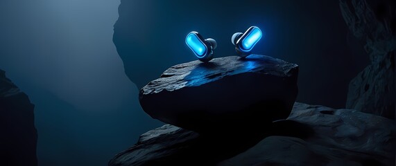 Wireless earbuds perched on floating jagged rock podium set in moody dark environment with blue rim light