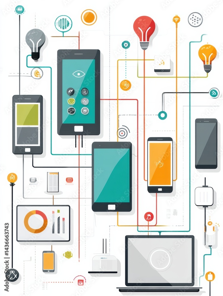 Aufkleber Design Showcasing Smartphone Connectivity With Various Smart Devices and Home Automation Features in a Modern Digital Environment