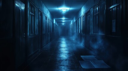 Obraz premium Dark and abandoned magical school hallway, faint glimmers of moonlight on old spell scrolls, anime style, nighttime