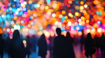 Silhouetted people walk in front of blurred colorful lights creating a festive atmosphere.