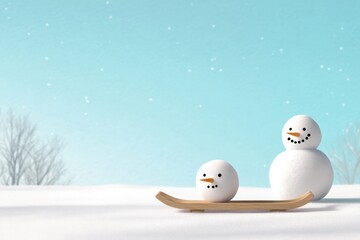 Cheerful snowmen enjoying snowy landscape on wooden sled, winter