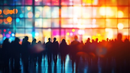 Blurred crowd of people walking in front of a colorful illuminated building.