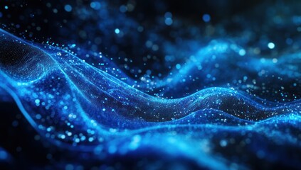Abstract Blue Digital Waves: A mesmerizing digital art piece depicting undulating waves of light particles, creating a sense of depth and movement.