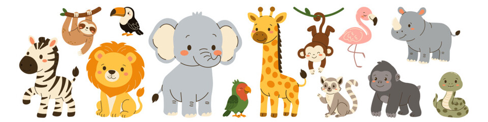 Flat style illustration of cute jungle animals including zebra, lion, elephant, giraffe, monkey, flamingo, rhinoceros, parrot, lemur, gorilla, sloth, toucan, and snake