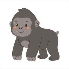 Flat style illustration of a cute cartoon gorilla standing on all fours, ideal for childrens books, jungle-themed projects, and animal-related designs