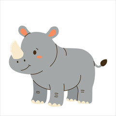 Flat style illustration of a cute rhinoceros standing on white background, perfect for childrens books, educational materials, jungle-themed designs, and playful animal collections.