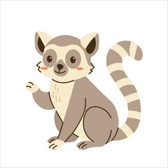 Flat style illustration of a cute lemur sitting and waving, perfect for childrens books, jungle-themed projects, educational materials, and playful animal designs.