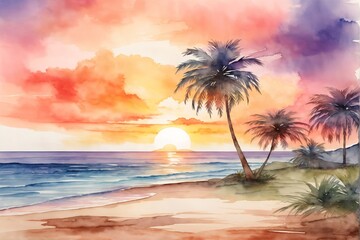 Watercolor Sunset Beach Landscape, Watercolor Sunset Beach Wallpaper, Watercolor Painting of Beach Scenery, Sunset Palm Beach Background, AI Generative