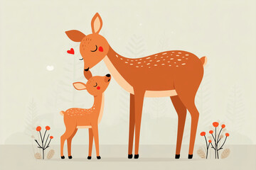 Obraz premium A Heartwarming Moment: Mother Deer and Fawn Sharing a Tender Embrace in the Forest Mother’s Day