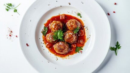 Meatballs in tomato sauce with herbs served on a white plate.