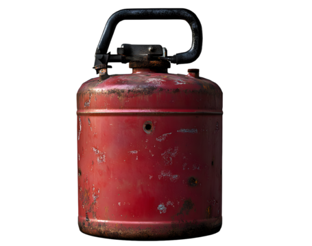 Isolated weathered red gasoline canister featuring scratches and minor damage showcasing wear and tear from use over time ideal for depicting industrial themes and post apocalyptic scenarios