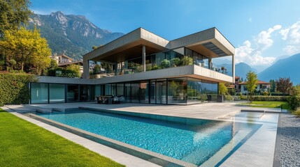 Fototapeta premium Luxury Modern Villa with Infinity Pool and Mountain View