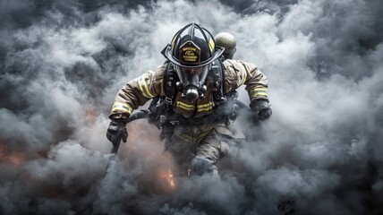 Firefighter in full gear charges through thick smoke with determination Generative AI