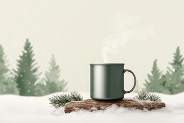 Warm drink sits on rustic wood amidst snowy landscape and evergr