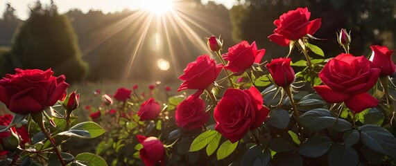 Vivid cluster of wild red roses bursting with fragrant blooms under early morning sunshine glistening with dew