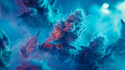 Naklejka premium Macro of cannabis bud in blue light with dreamy smoke effect.