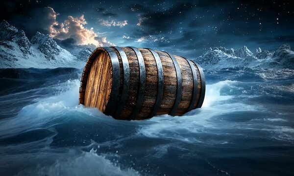 Wooden barrel in stormy sea