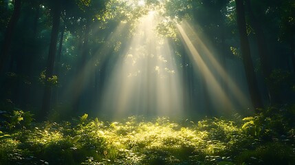 Fototapeta premium Golden beams pierce green canopy image