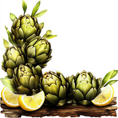 Obraz premium whole artichokes lemon wedges rustic border food