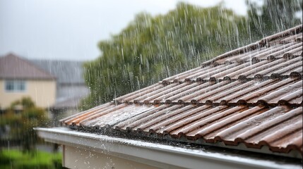 Heavy rain falling on a tiled roof, water streaming into the gutter, a blurred house in the background. © Netsai