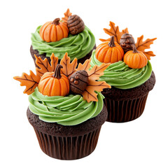 Autumn beauty chocolate cupcakes with leaf and pumpkin decorations, autumn sweet pumpkin and decorated cupcakes, autumn decorations for chocolate cupcakes, on a transparent backgrounds
