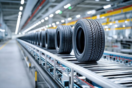 New tires on the conveyor belt, inside a brightly lit tire factory, ready for the next stage of production.