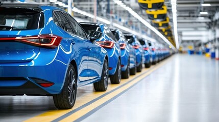 Obraz premium New blue cars lined up in a factory, ready for distribution, reflecting factory lights.