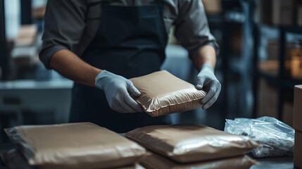 Fototapeta premium Worker Packing Packages in a Warehouse