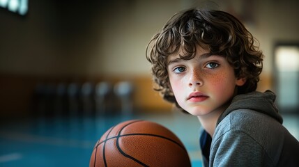 Young Basketball Player Boy in Indoor Court Holding a Ball