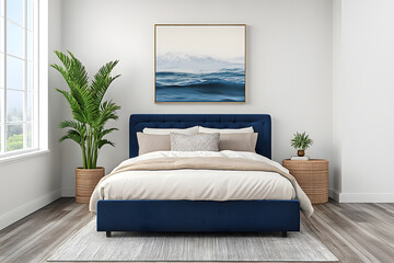 Fototapeta premium Modern bedroom featuring a navy blue bed with a cozy duvet, surrounded by plants and a serene ocean painting
