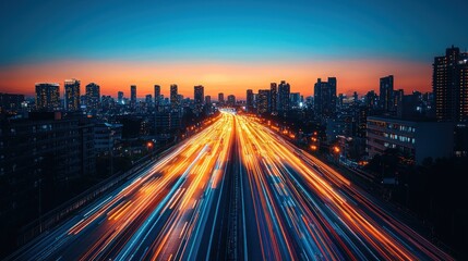 City Skyline with Light Trails and Urban Traffic at Nightfall