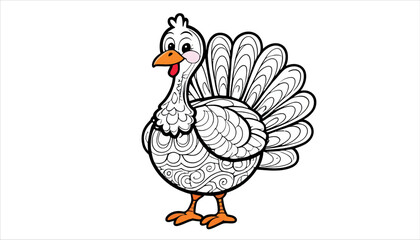 A vector illustration shows a cartoon turkey, a domestic farm animal with white feathers and a beak, standing isolated
