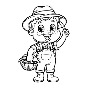 Happy little farmer boy harvesting fresh fruits in basket kid cute child rural black white image
