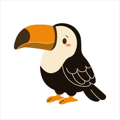 Flat style illustration of a cute toucan with a large colorful beak, perfect for childrens books, jungle-themed projects, and playful tropical designs.