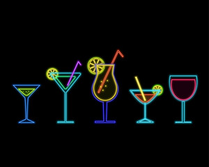 Cocktail sign collection with neon style.Neon icon of umbrella cocktail. Cherry cocktail on neon sign. neon drinks.