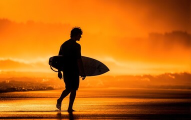 Surfer silhouette walking under golden hour light with a single wave breaking beside him, coastal shadows stretching wide