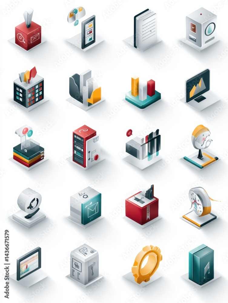 Leinwandbilder Digital Symbols and Isometric Icons Arranged on a Clean Grid Background for Modern Design and Technology Concepts