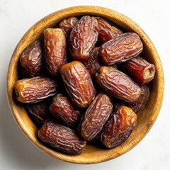 Dates in wooden bowl on white background