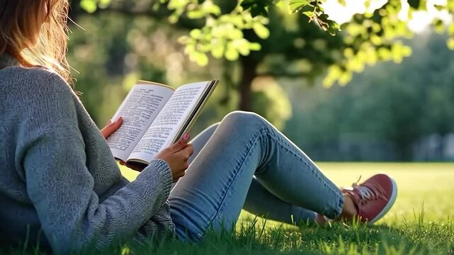 A person reading a book on the grass under sunlight in a serene outdoor setting.
